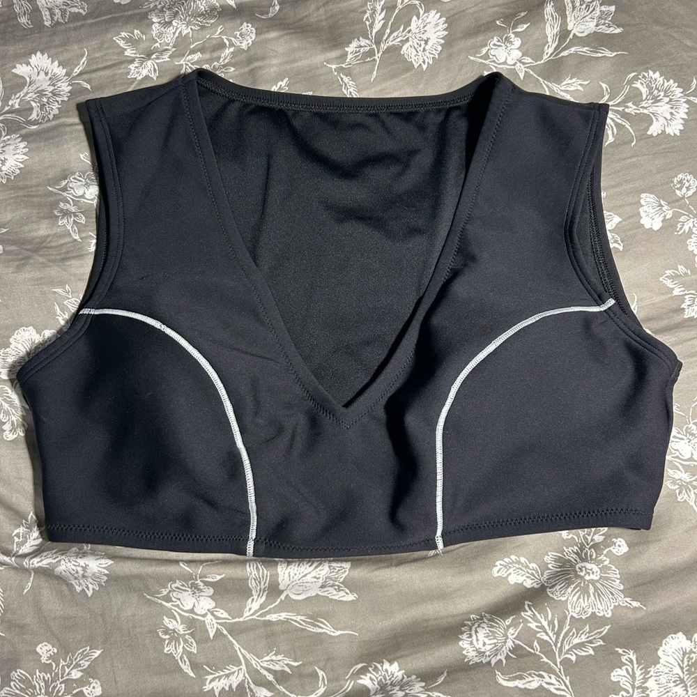Black V-Neck Bathing Suit Top with White Trim